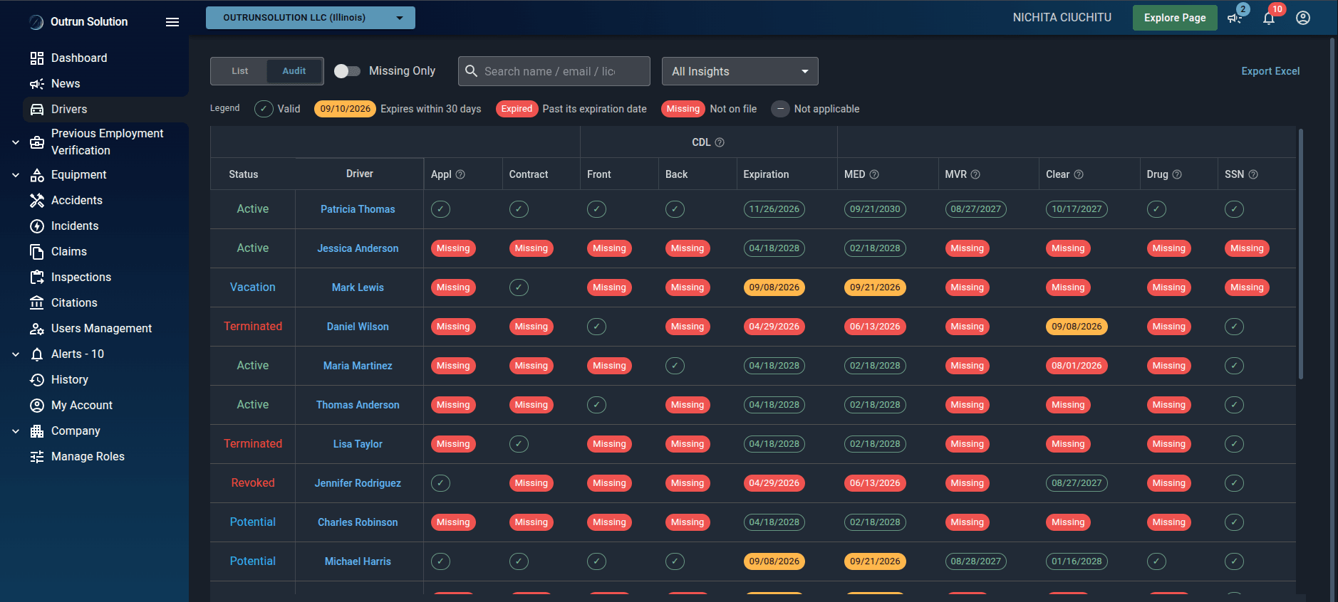 Audit view: one row per driver, one column per document, gaps marked Missing